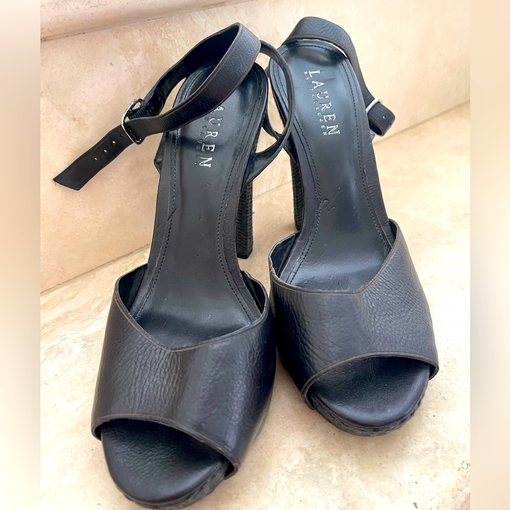 Ralph Lauren Adjustable Peep Toe 9B BLK Leather Wicker Heels SEXY SHOES! LAUREN